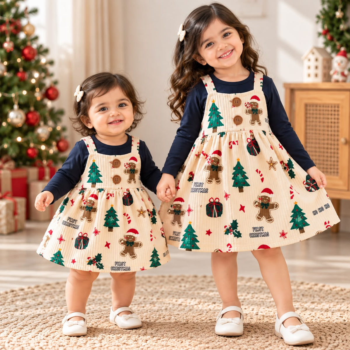Girls Christmas Printed Pinafore Dress with Full Sleeve T-Shirt | 2-Piece Outfit