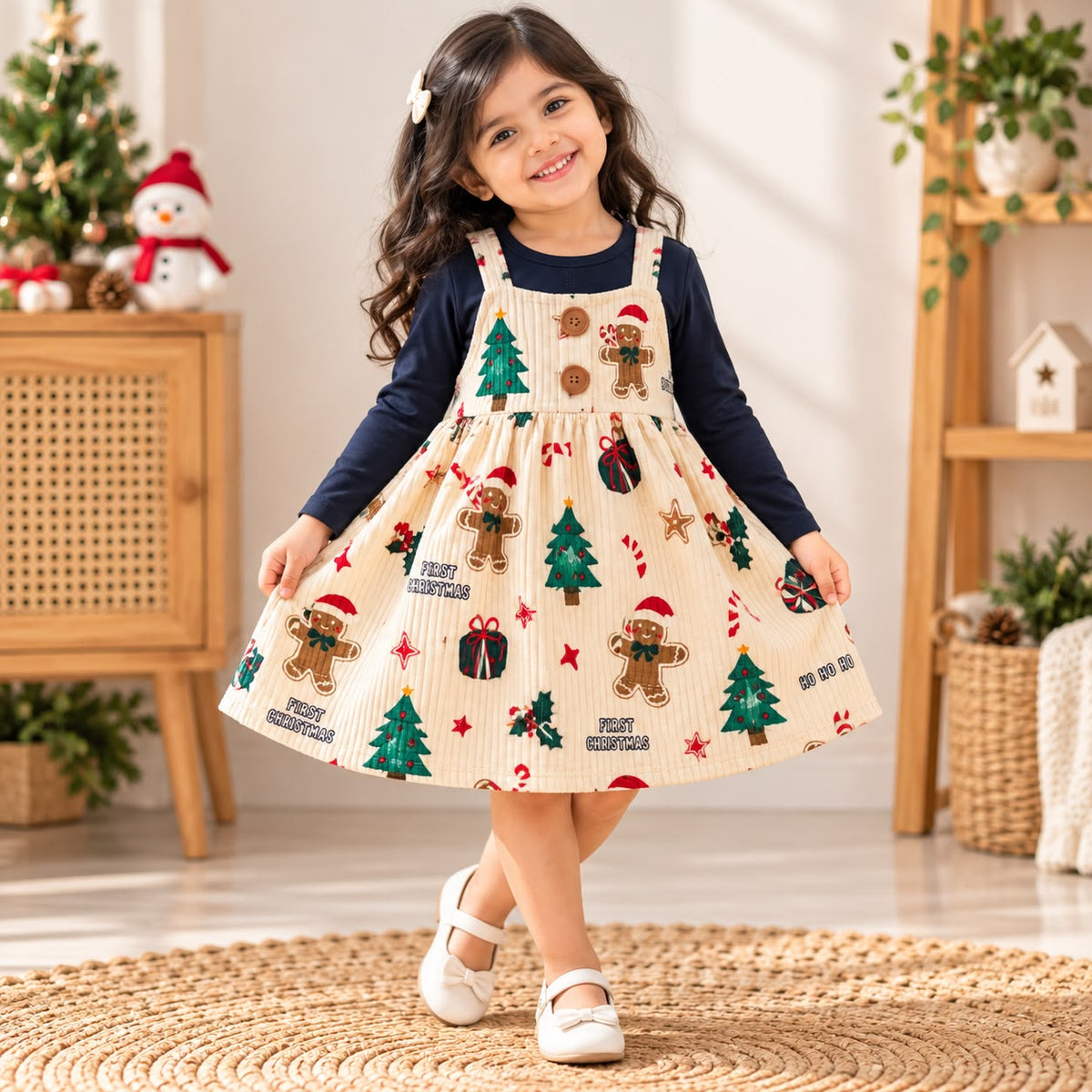 Girls Christmas Printed Pinafore Dress with Full Sleeve T-Shirt | 2-Piece Outfit
