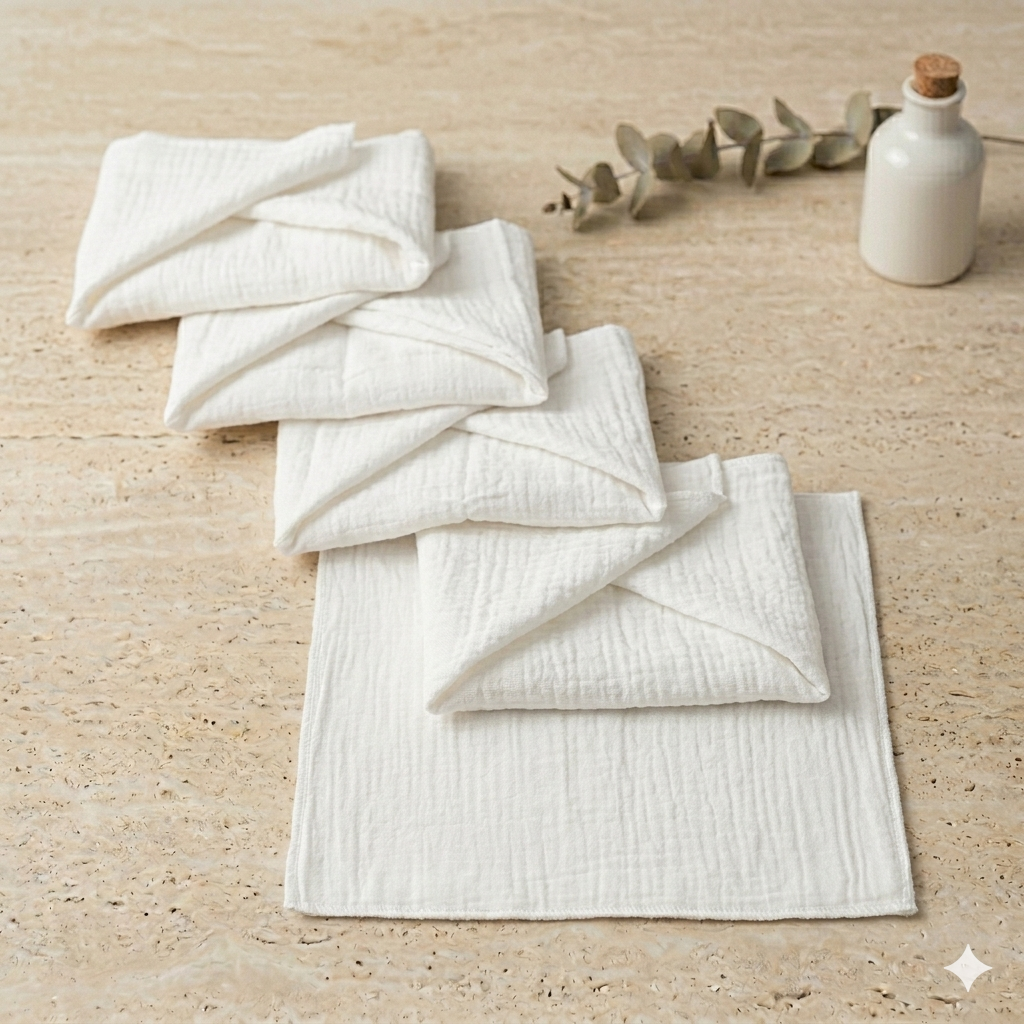 White Muslin Baby Wipes / Newborn Napkin -100% Cotton 2 layer Muslin (5 Pieces Pack) 12*12 Inches