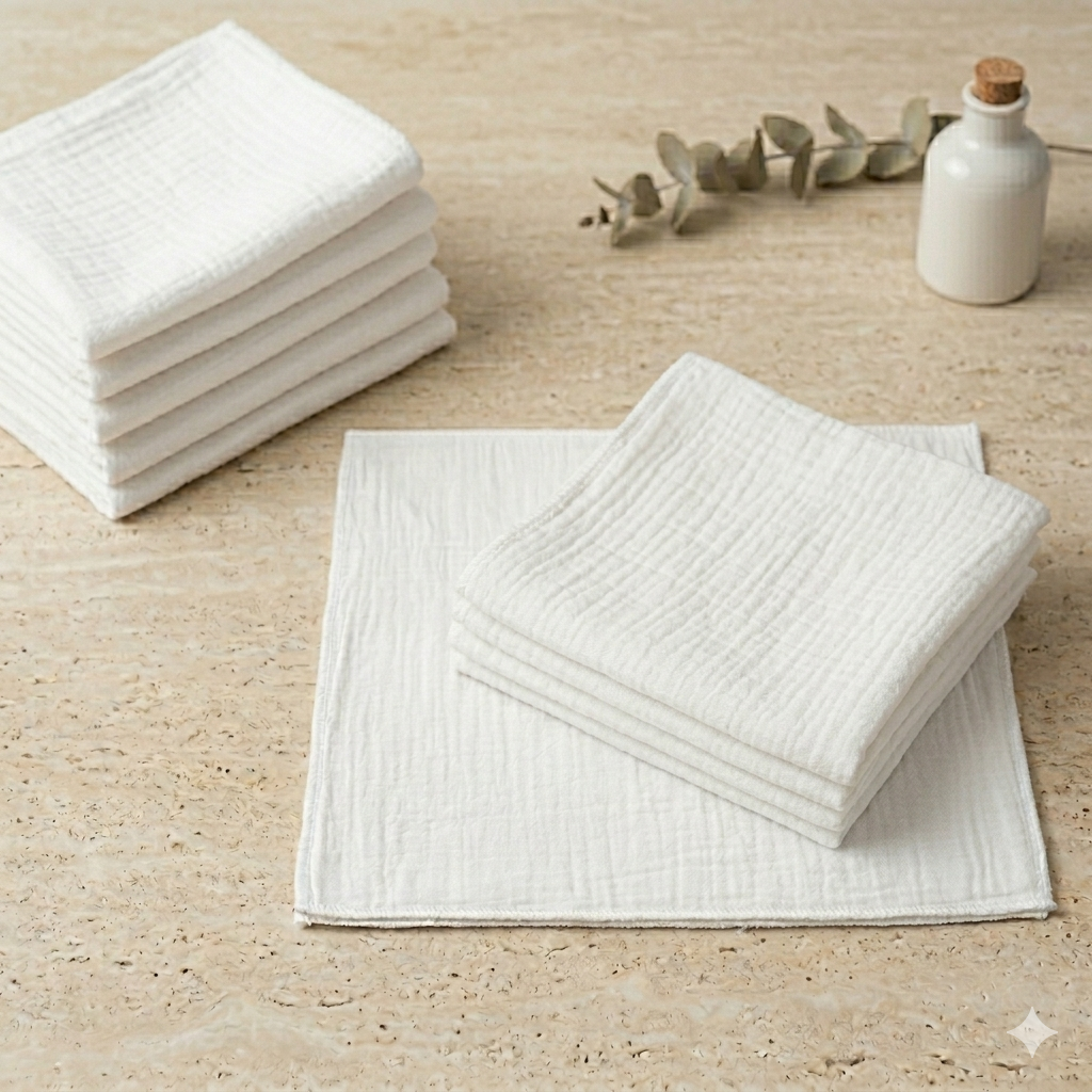 White Muslin Baby Wipes / Newborn Napkin -100% Cotton 2 layer Muslin (5 Pieces Pack) 12*12 Inches