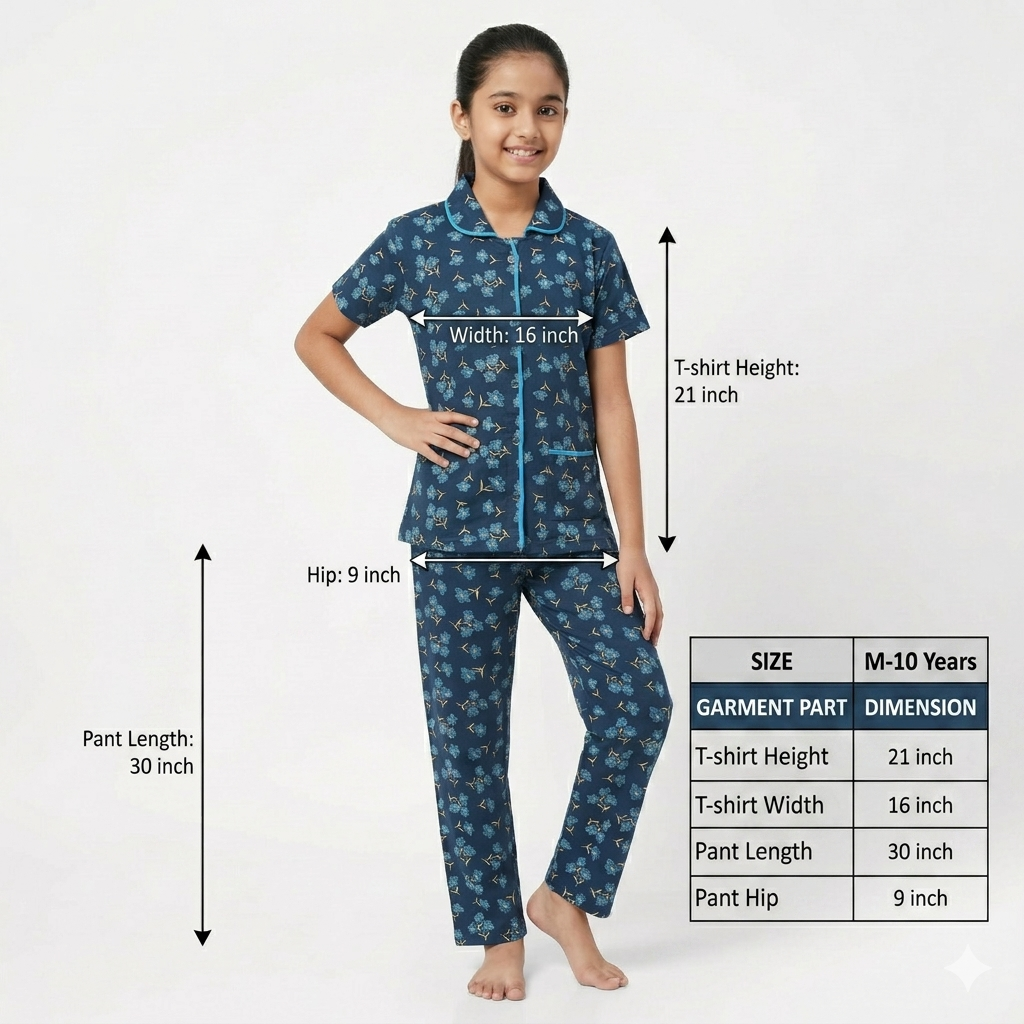 Girls Cute wear Night Suit Cotton Night Dress of Shirt and Pajama Set (Collarset) - Any 5 Colors Combo