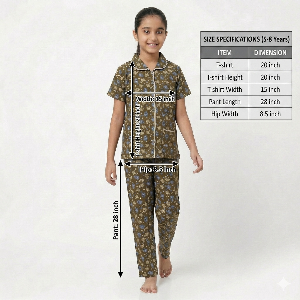 Girls Cute wear Night Suit Cotton Night Dress of Shirt and Pajama Set (Collarset) - Any 5 Colors Combo